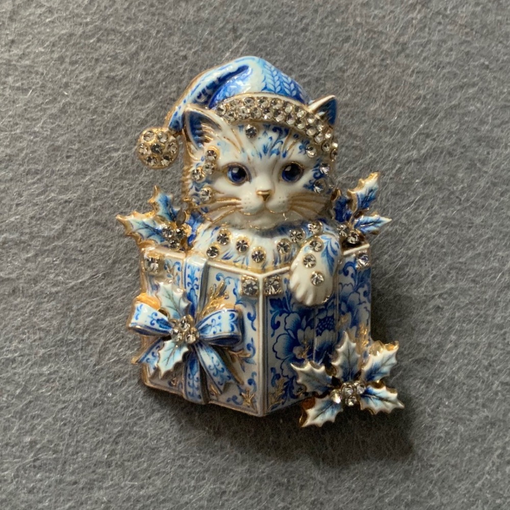 Christmas Kitten in Gift Box Enamel Brooch Blue White Rhinestone Holiday Pin